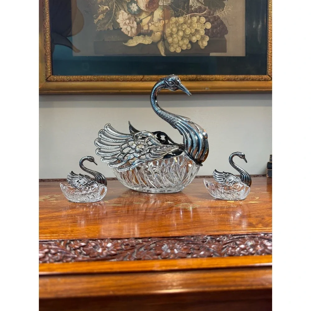 Vintage 3-Piece Crystal Swan Set Centerpiece Bowl with 2 Salt Cellars